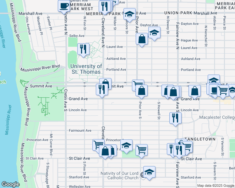 map of restaurants, bars, coffee shops, grocery stores, and more near 2021 Grand Avenue in Saint Paul