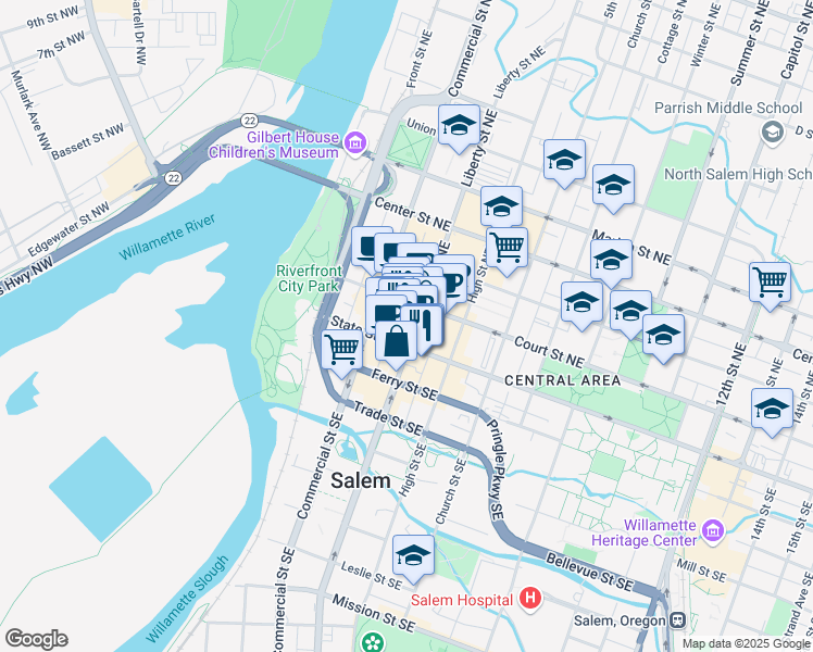 map of restaurants, bars, coffee shops, grocery stores, and more near 150 Liberty Street Northeast in Salem