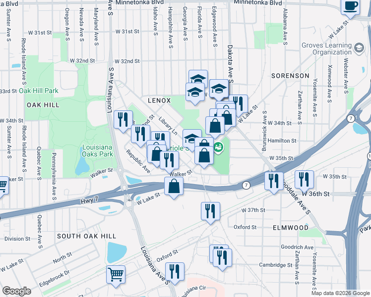 map of restaurants, bars, coffee shops, grocery stores, and more near 3379 Brownlow Avenue in Minneapolis