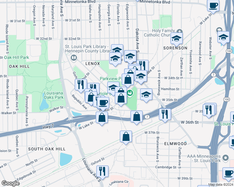 map of restaurants, bars, coffee shops, grocery stores, and more near 3391 Library Lane in Minneapolis