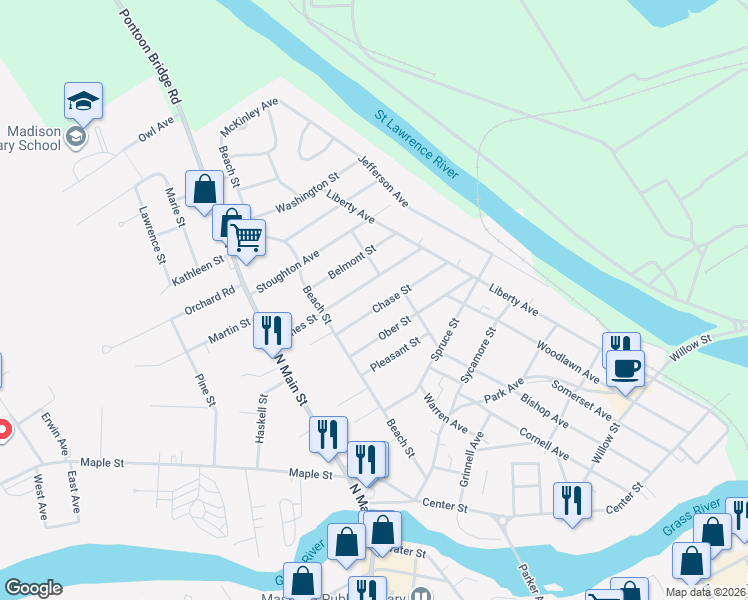 map of restaurants, bars, coffee shops, grocery stores, and more near 10 Chase St in Massena