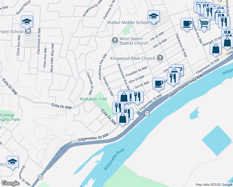 map of restaurants, bars, coffee shops, grocery stores, and more near 1561 Plaza Street Northwest in Salem