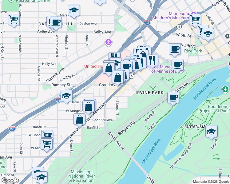 map of restaurants, bars, coffee shops, grocery stores, and more near 186 West Forbes Avenue in Saint Paul