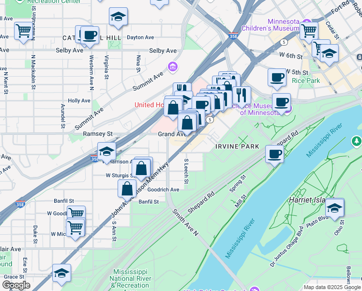 map of restaurants, bars, coffee shops, grocery stores, and more near 186 West Forbes Avenue in Saint Paul