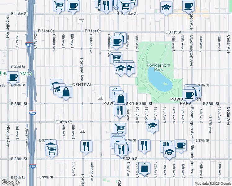 map of restaurants, bars, coffee shops, grocery stores, and more near in Minneapolis