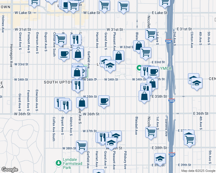 map of restaurants, bars, coffee shops, grocery stores, and more near 3438 Pleasant Avenue in Minneapolis