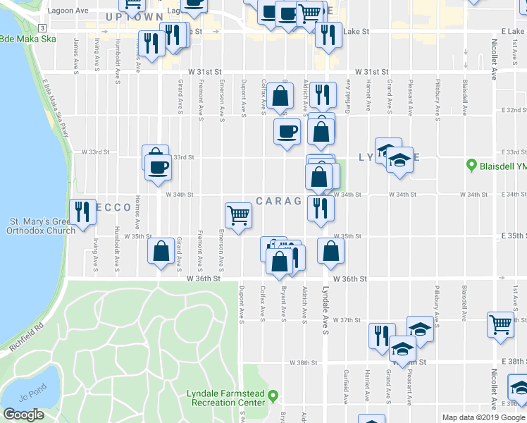 map of restaurants, bars, coffee shops, grocery stores, and more near 3440 Colfax Avenue South in Minneapolis