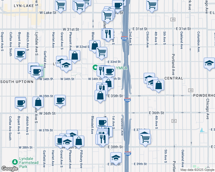map of restaurants, bars, coffee shops, grocery stores, and more near 3419 Nicollet Avenue in Minneapolis