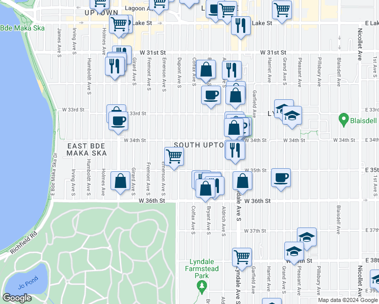 map of restaurants, bars, coffee shops, grocery stores, and more near 3424 Colfax Avenue South in Minneapolis