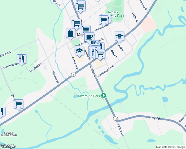 map of restaurants, bars, coffee shops, grocery stores, and more near 20 Bridge Street in Middleton
