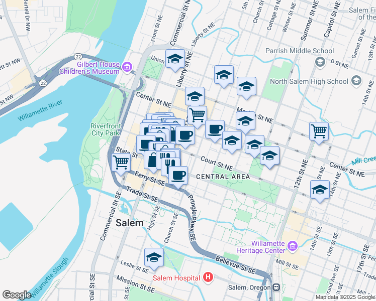 map of restaurants, bars, coffee shops, grocery stores, and more near 555 Court Street Northeast in Salem