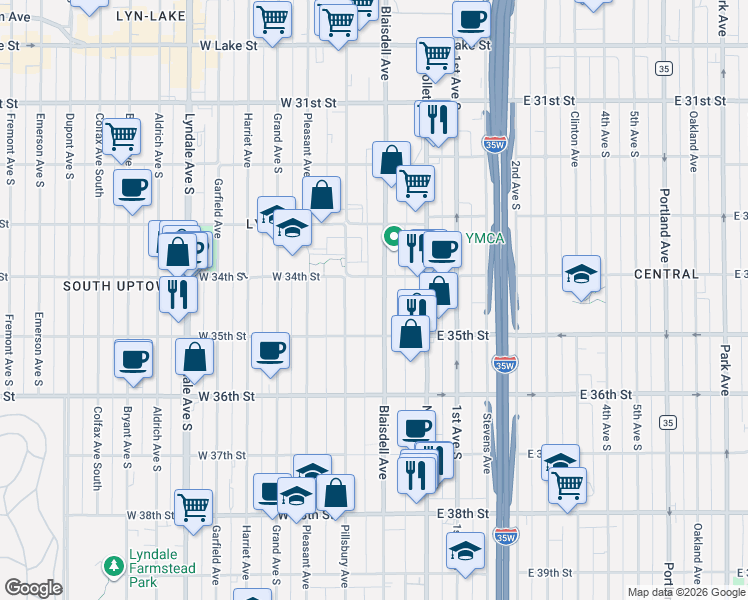 map of restaurants, bars, coffee shops, grocery stores, and more near 3444 Blaisdell Avenue in Minneapolis