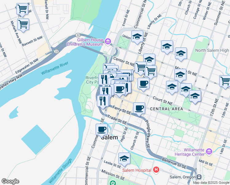 map of restaurants, bars, coffee shops, grocery stores, and more near 302 State Street in Salem