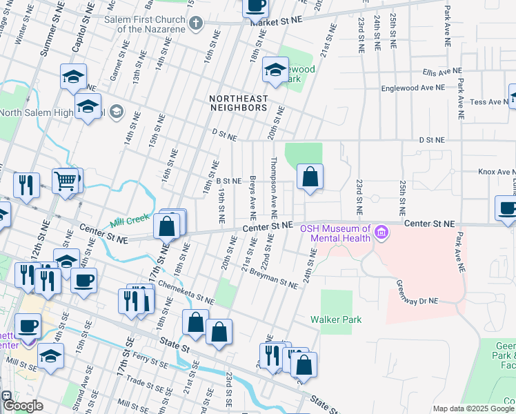 map of restaurants, bars, coffee shops, grocery stores, and more near 2185 Center Street Northeast in Salem