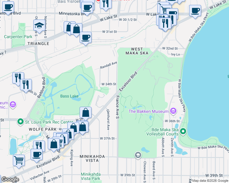 map of restaurants, bars, coffee shops, grocery stores, and more near 3906 Excelsior Boulevard in Saint Louis Park