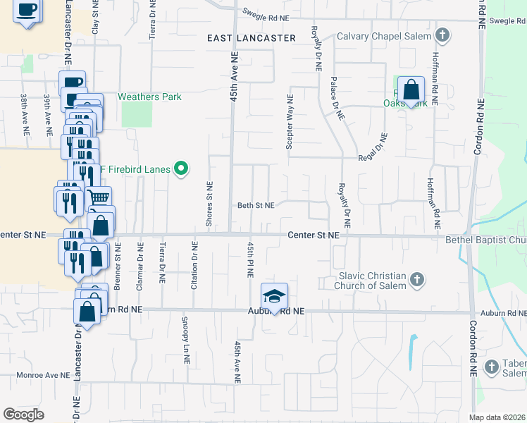 map of restaurants, bars, coffee shops, grocery stores, and more near 4573 Center Street Northeast in Salem