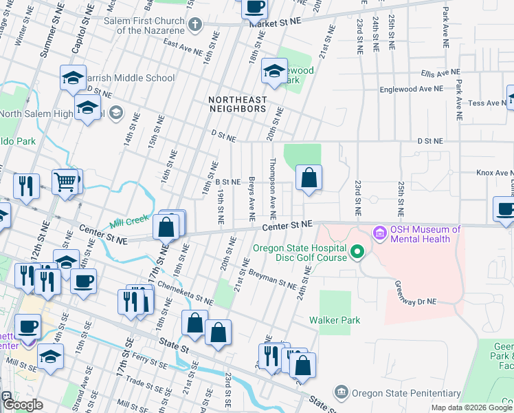 map of restaurants, bars, coffee shops, grocery stores, and more near 2185 Center Street Northeast in Salem