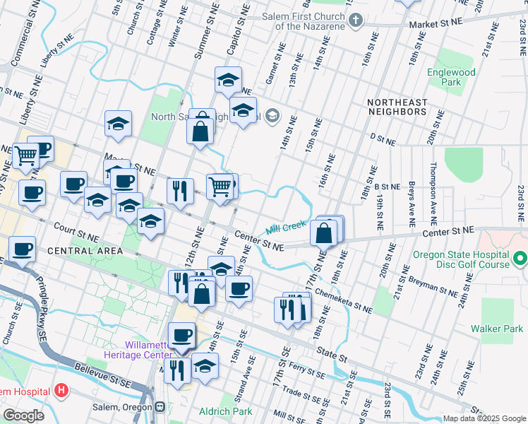 map of restaurants, bars, coffee shops, grocery stores, and more near 499-401 14th Street Northeast in Salem