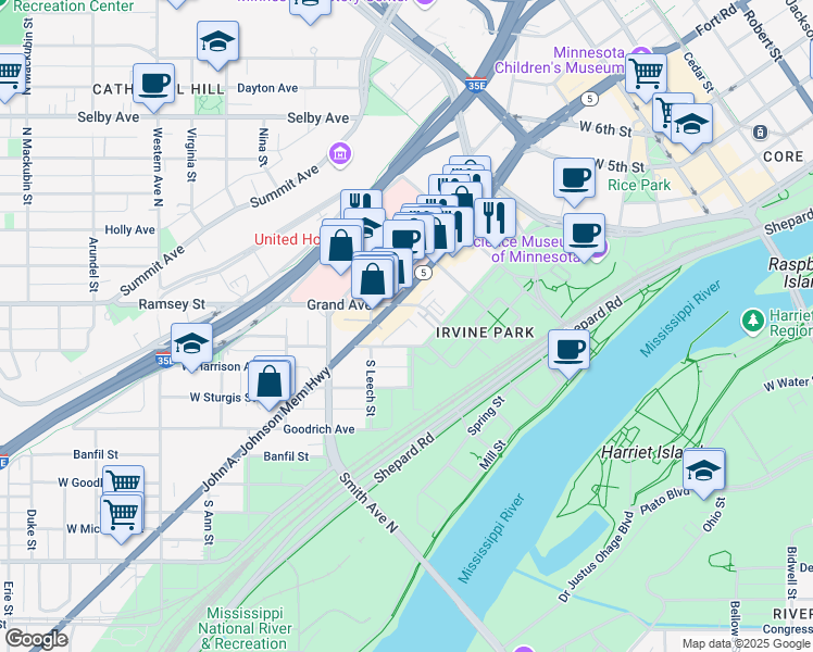 map of restaurants, bars, coffee shops, grocery stores, and more near 148 West Forbes Avenue in Saint Paul