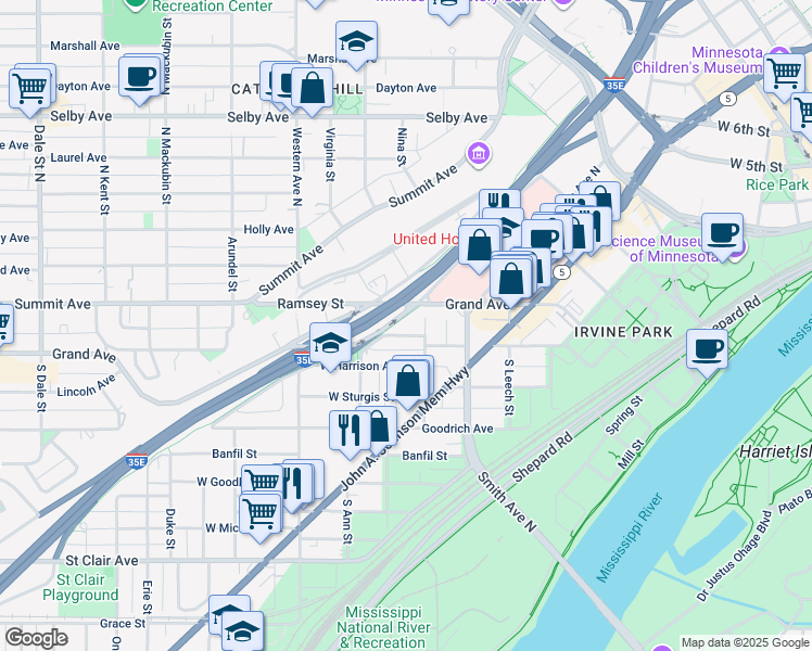 map of restaurants, bars, coffee shops, grocery stores, and more near 289 West Harrison Avenue in Saint Paul