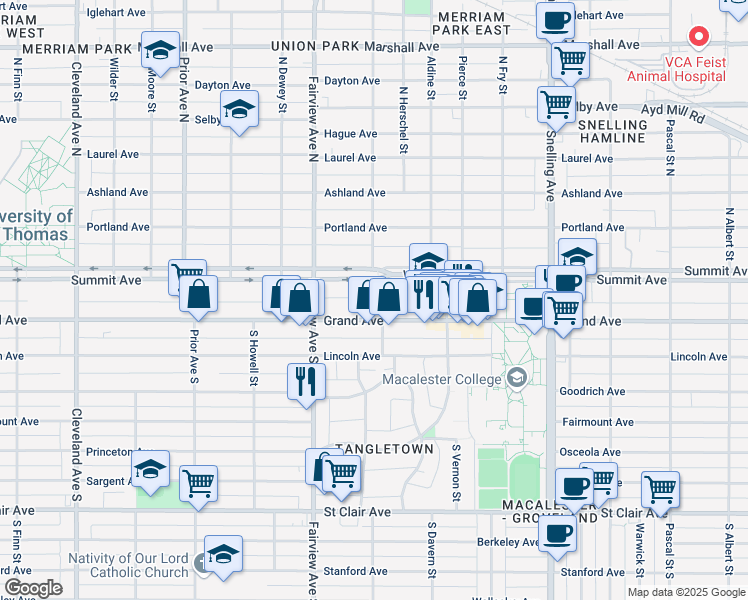 map of restaurants, bars, coffee shops, grocery stores, and more near 1730 West Grand Avenue in Saint Paul