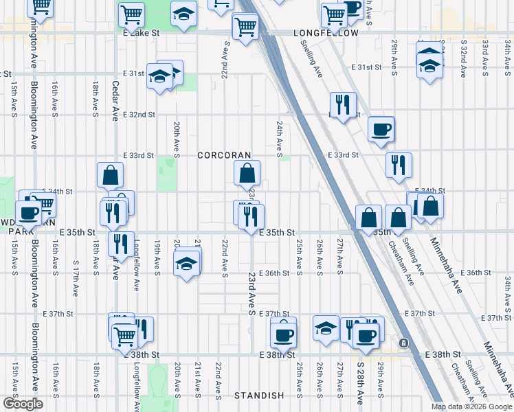map of restaurants, bars, coffee shops, grocery stores, and more near 3441 23rd Avenue South in Minneapolis