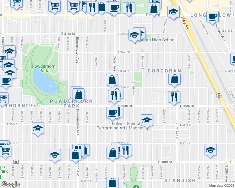 map of restaurants, bars, coffee shops, grocery stores, and more near in Minneapolis