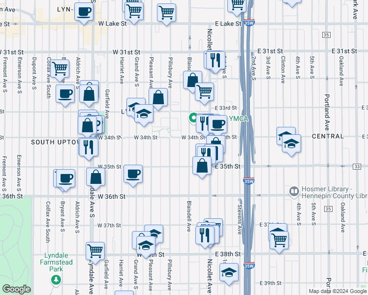 map of restaurants, bars, coffee shops, grocery stores, and more near 3444 Blaisdell Avenue in Minneapolis