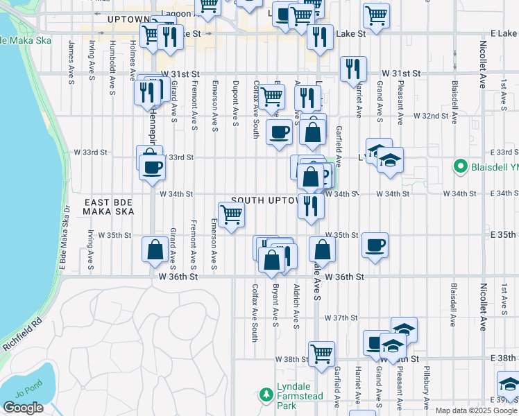map of restaurants, bars, coffee shops, grocery stores, and more near 3440 Colfax Avenue South in Minneapolis