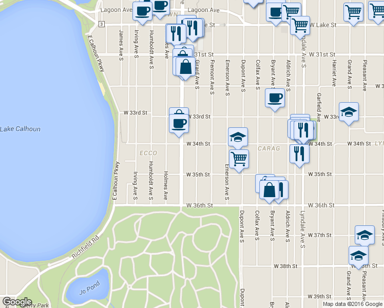 map of restaurants, bars, coffee shops, grocery stores, and more near 3441 Girard Avenue South in Minneapolis