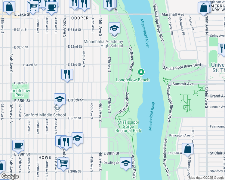 map of restaurants, bars, coffee shops, grocery stores, and more near 4700 East 34th Street in Minneapolis
