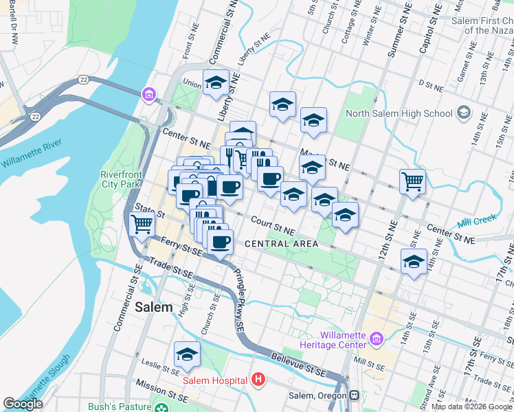 map of restaurants, bars, coffee shops, grocery stores, and more near 683 Court Street Northeast in Salem