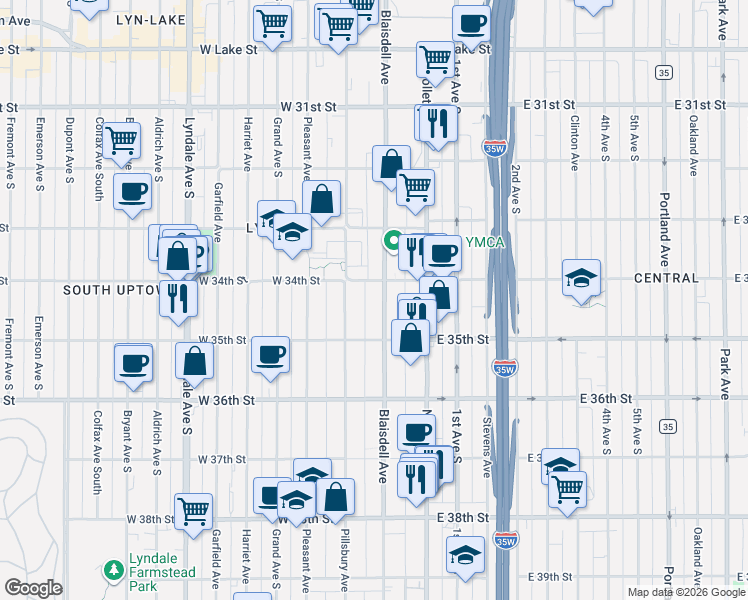map of restaurants, bars, coffee shops, grocery stores, and more near 3444 Blaisdell Avenue in Minneapolis