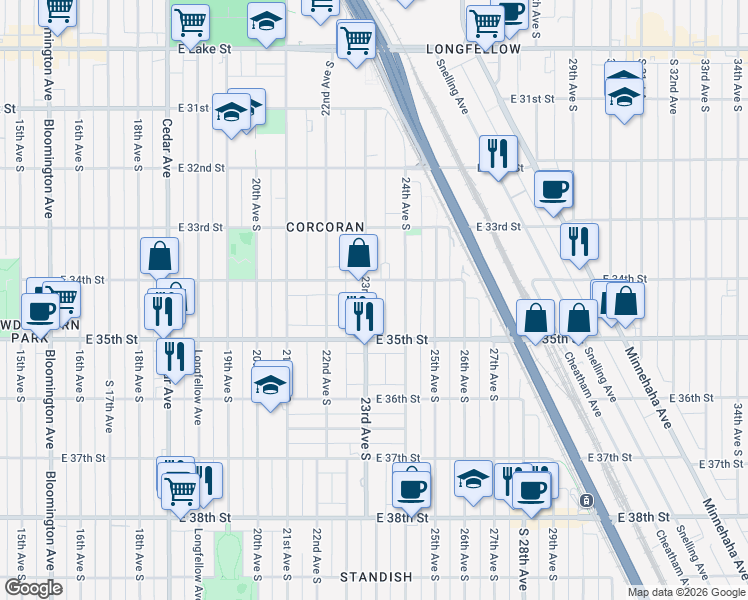 map of restaurants, bars, coffee shops, grocery stores, and more near 3441 23rd Avenue South in Minneapolis