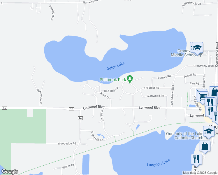 map of restaurants, bars, coffee shops, grocery stores, and more near 6264 Red Oak Road in Mound