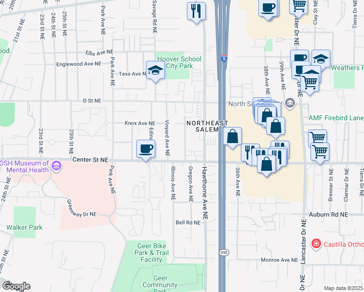 map of restaurants, bars, coffee shops, grocery stores, and more near 785 Norman Avenue Northeast in Salem