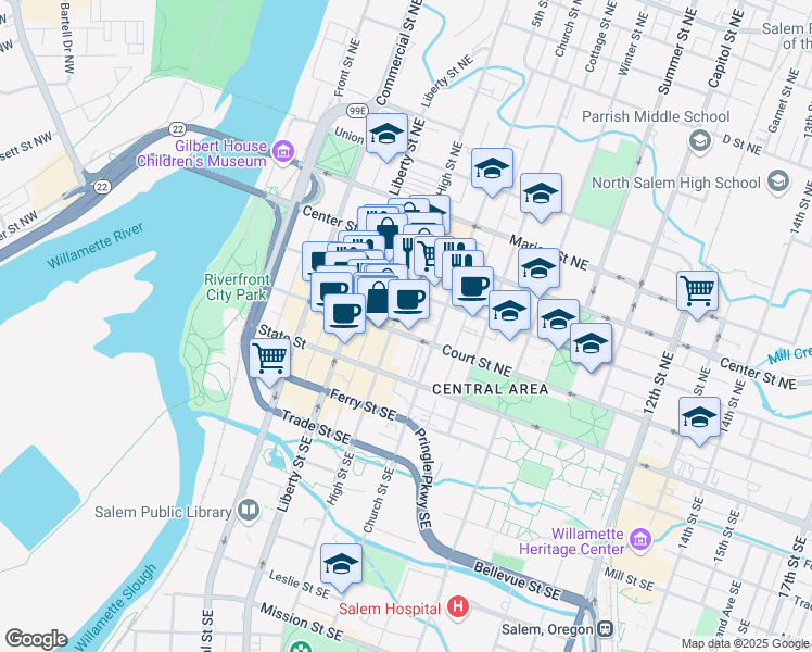map of restaurants, bars, coffee shops, grocery stores, and more near 555 Court Street Northeast in Salem