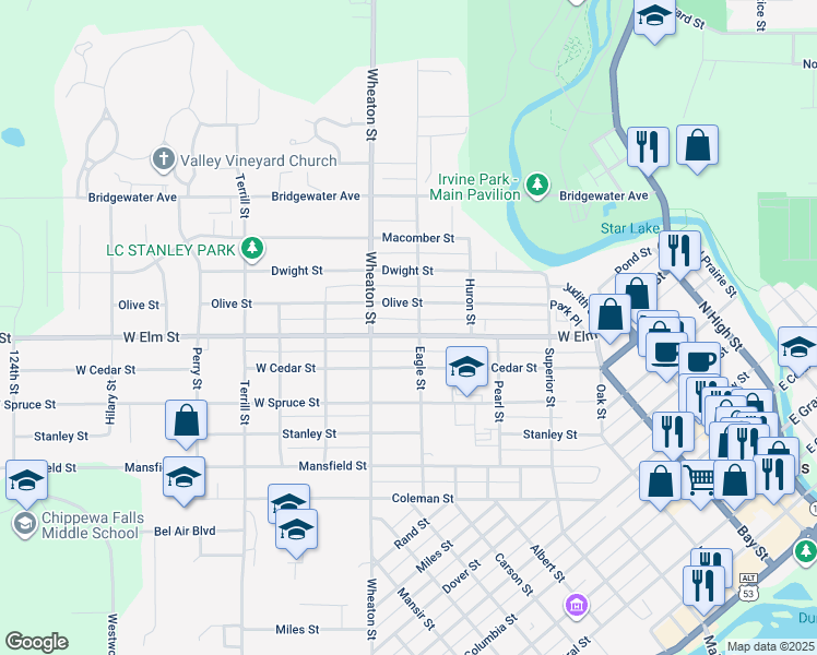 map of restaurants, bars, coffee shops, grocery stores, and more near 421 Olive Street in Chippewa Falls