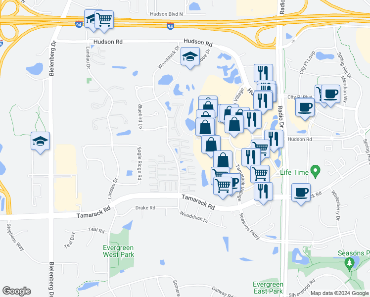 map of restaurants, bars, coffee shops, grocery stores, and more near 455 Woodduck Place in Woodbury