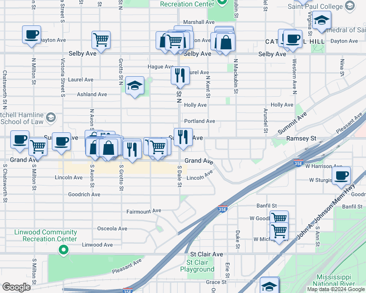map of restaurants, bars, coffee shops, grocery stores, and more near 615 Summit Avenue in Saint Paul