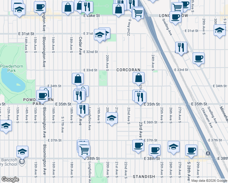 map of restaurants, bars, coffee shops, grocery stores, and more near 2012 East 34th Street in Minneapolis