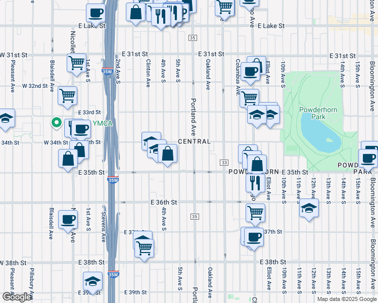map of restaurants, bars, coffee shops, grocery stores, and more near 510 East 34th Street in Minneapolis