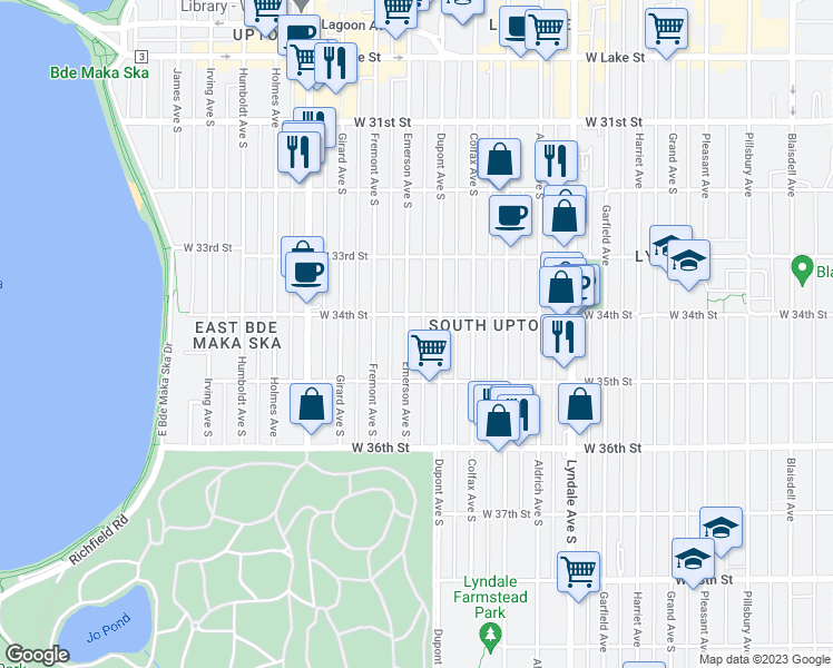 map of restaurants, bars, coffee shops, grocery stores, and more near 3345 Emerson Avenue South in Minneapolis