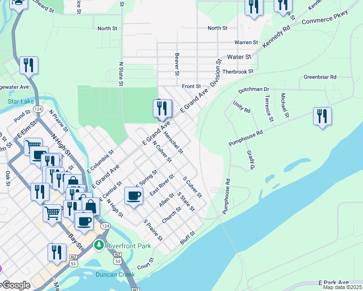 map of restaurants, bars, coffee shops, grocery stores, and more near 720 East Spring Street in Chippewa Falls