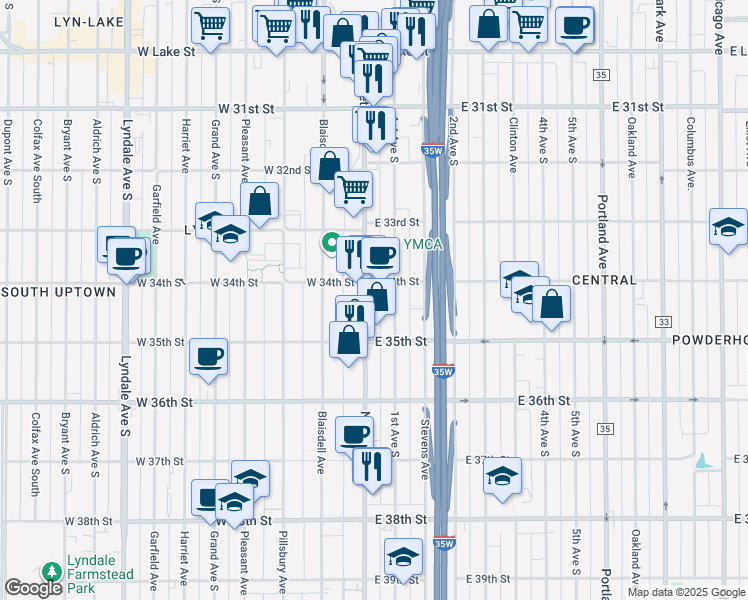 map of restaurants, bars, coffee shops, grocery stores, and more near 3419 Nicollet Avenue in Minneapolis