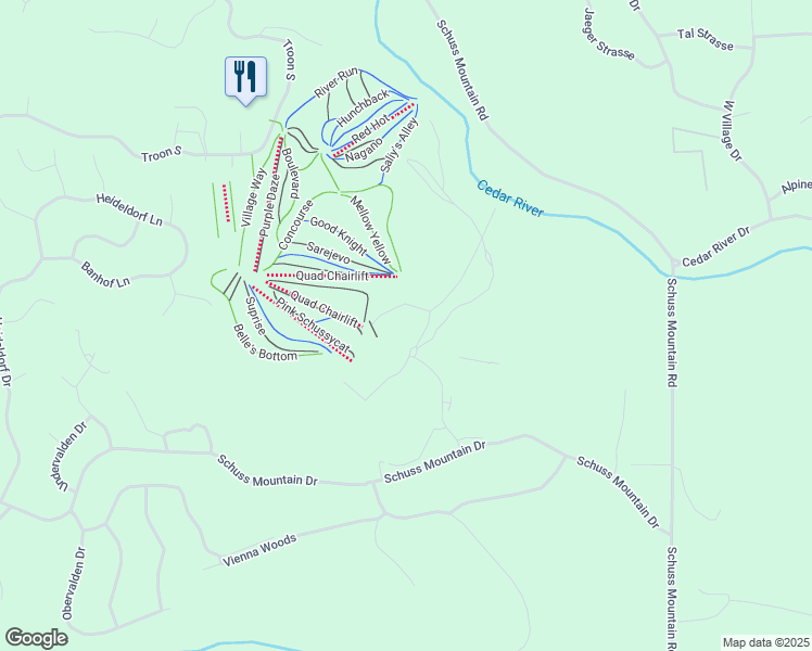 map of restaurants, bars, coffee shops, grocery stores, and more near 6519 Schuss Mountain Lane in Mancelona