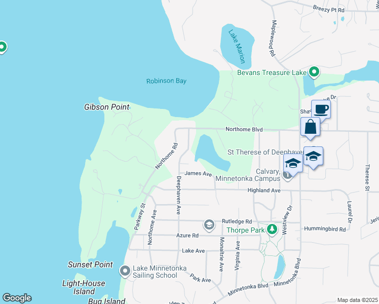 map of restaurants, bars, coffee shops, grocery stores, and more near 3445 Deephaven Avenue in Wayzata