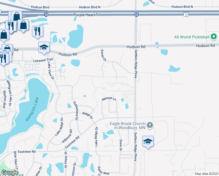 map of restaurants, bars, coffee shops, grocery stores, and more near 570 Settlers Ridge Parkway in Woodbury