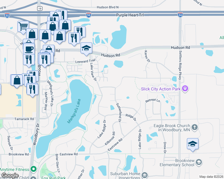 map of restaurants, bars, coffee shops, grocery stores, and more near 10527 Bay View Lane in Woodbury