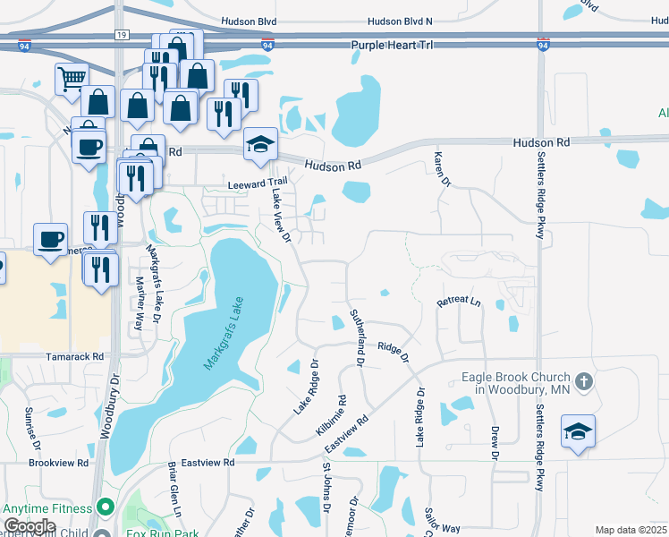 map of restaurants, bars, coffee shops, grocery stores, and more near 10525 Bay View Lane in Woodbury